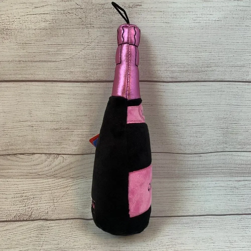 Lulubelles Dog Toy Plush Stuffed Pink & Black Champagne Bottle Squeaky NEW 13